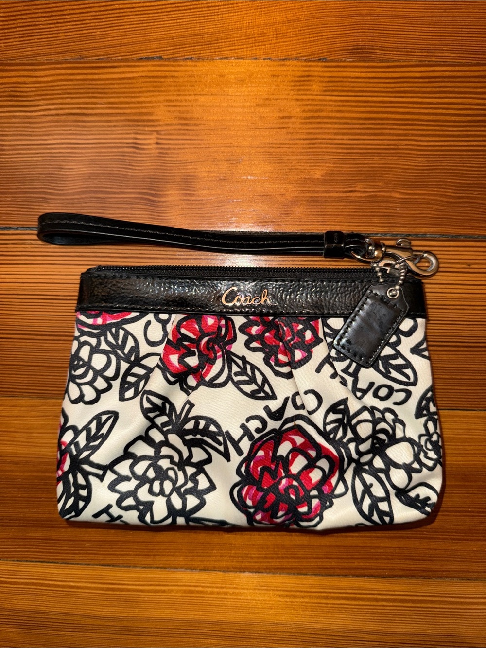 Coach Black, White & Red Floral Wristlet